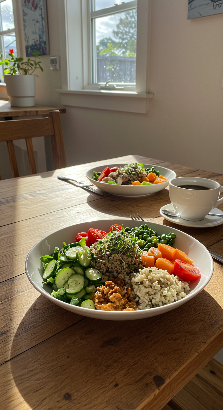 A realistic image of a healthy, wholesome meal plated in a cozy home setting, showcasing fresh vegetables, lean proteins, and grains in a white bowl with herbs, in a warm, inviting kitchen environment.