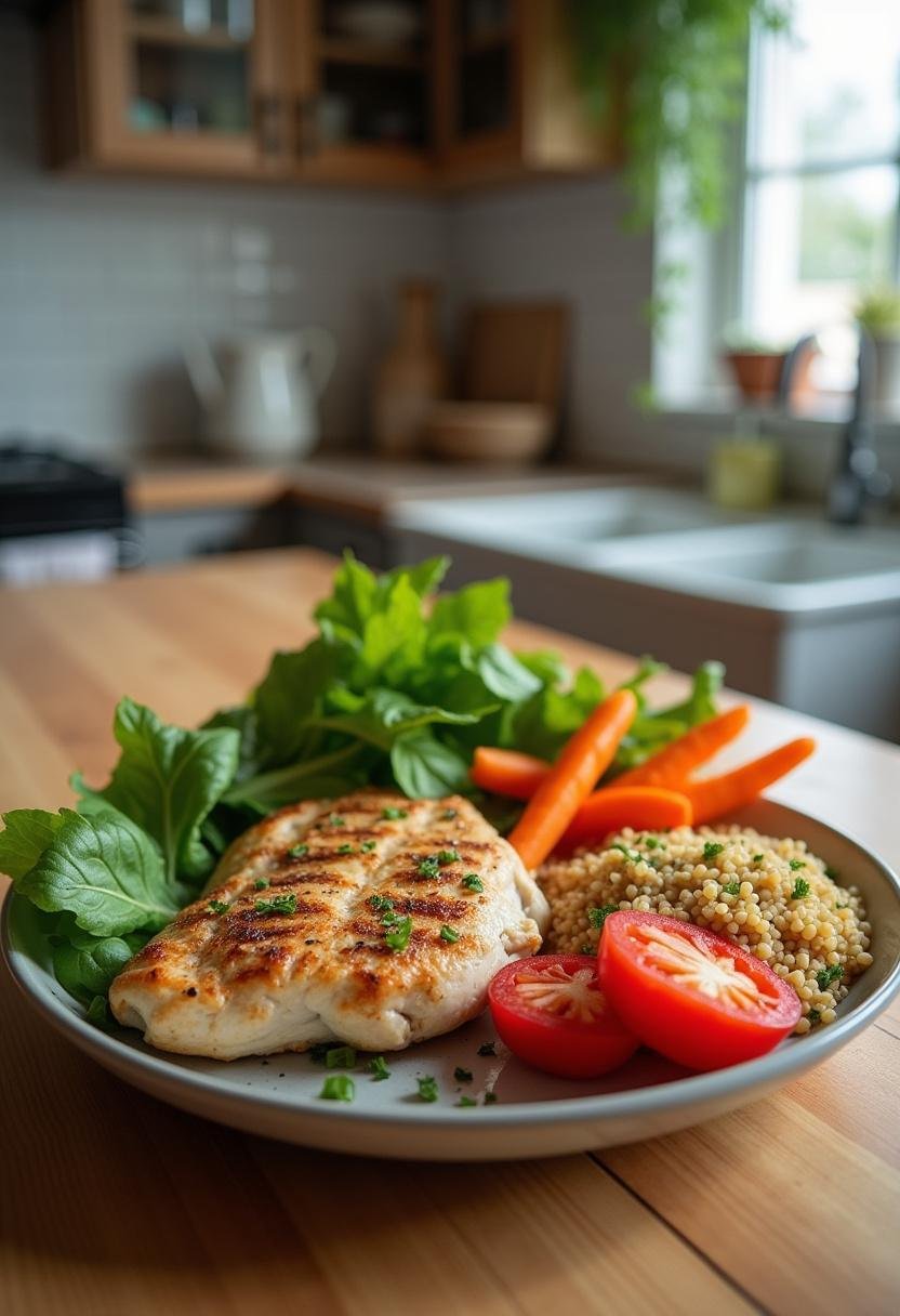 A realistic image of a healthy, clean eating meal plated in a cozy kitchen, featuring fresh vegetables, grilled chicken, and quinoa, with natural lighting and kitchen background elements.