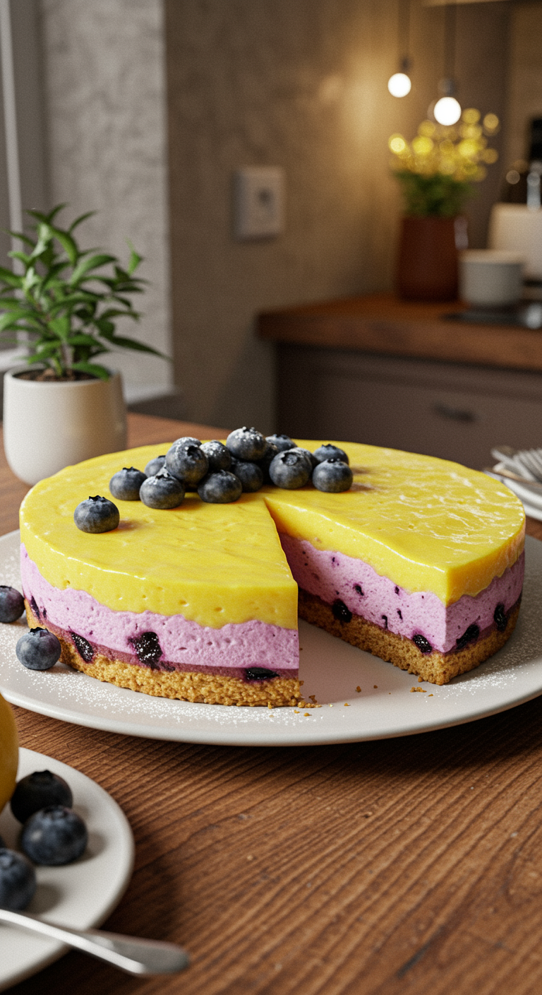 Realistic image of a lemon blueberry mousse cake on a white plate, presented in a cozy kitchen setting with rustic wooden table, fresh blueberries on top, and warm natural lighting.
