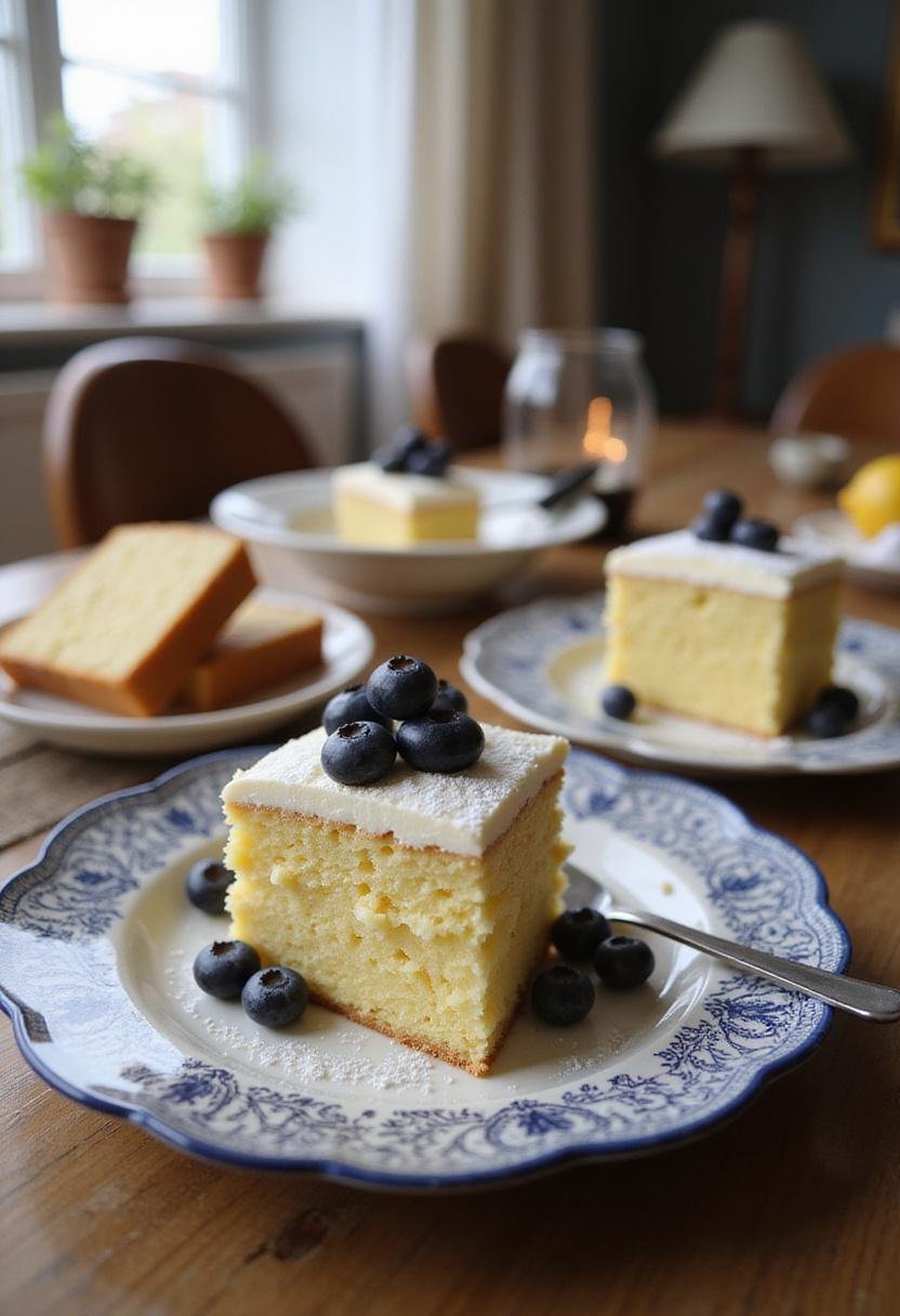 Realistic image of a lemon blueberry mousse cake on a decorative dish in a cozy home setting, featuring fresh blueberries and powdered sugar, with natural light creating a warm, inviting atmosphere.