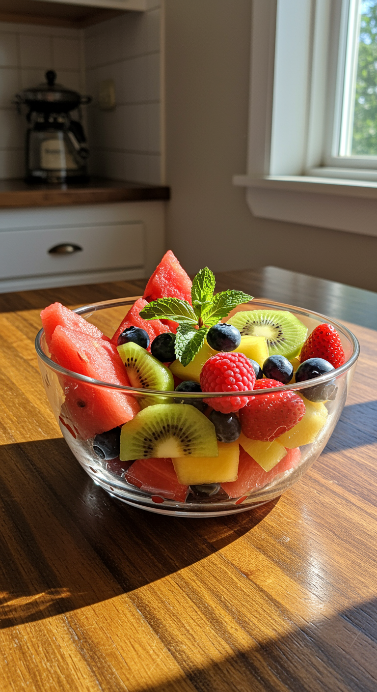 A colorful summer fruit salad in a glass bowl, featuring watermelon, strawberries, blueberries, pineapple, and kiwi in a cozy home kitchen setting with natural sunlight and a rustic wooden table.