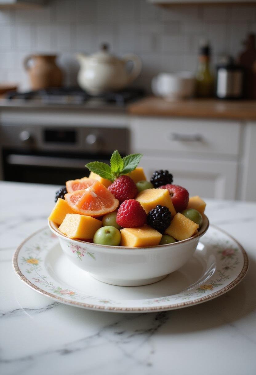 A colorful summer fruit salad on a white plate in a cozy kitchen setting, featuring fresh melons, berries, citrus, and mint garnish with natural kitchen lighting and background elements.