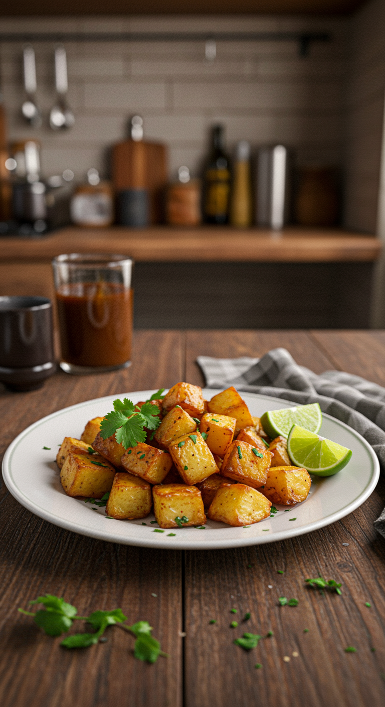 A cozy home kitchen scene featuring a plate of crispy Mexican-style potatoes garnished with cilantro and lime, placed on a wooden table with warm lighting, creating an inviting atmosphere.