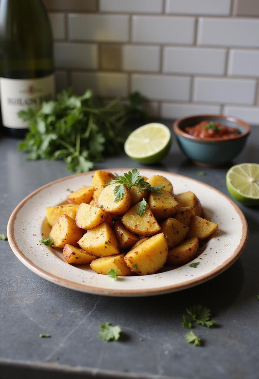 A kitchen countertop scene with Mexican-style potatoes on a ceramic plate, surrounded by fresh ingredients such as lime, herbs, and salsa, with a tiled backsplash in the background, highlighting the preparation setting.
