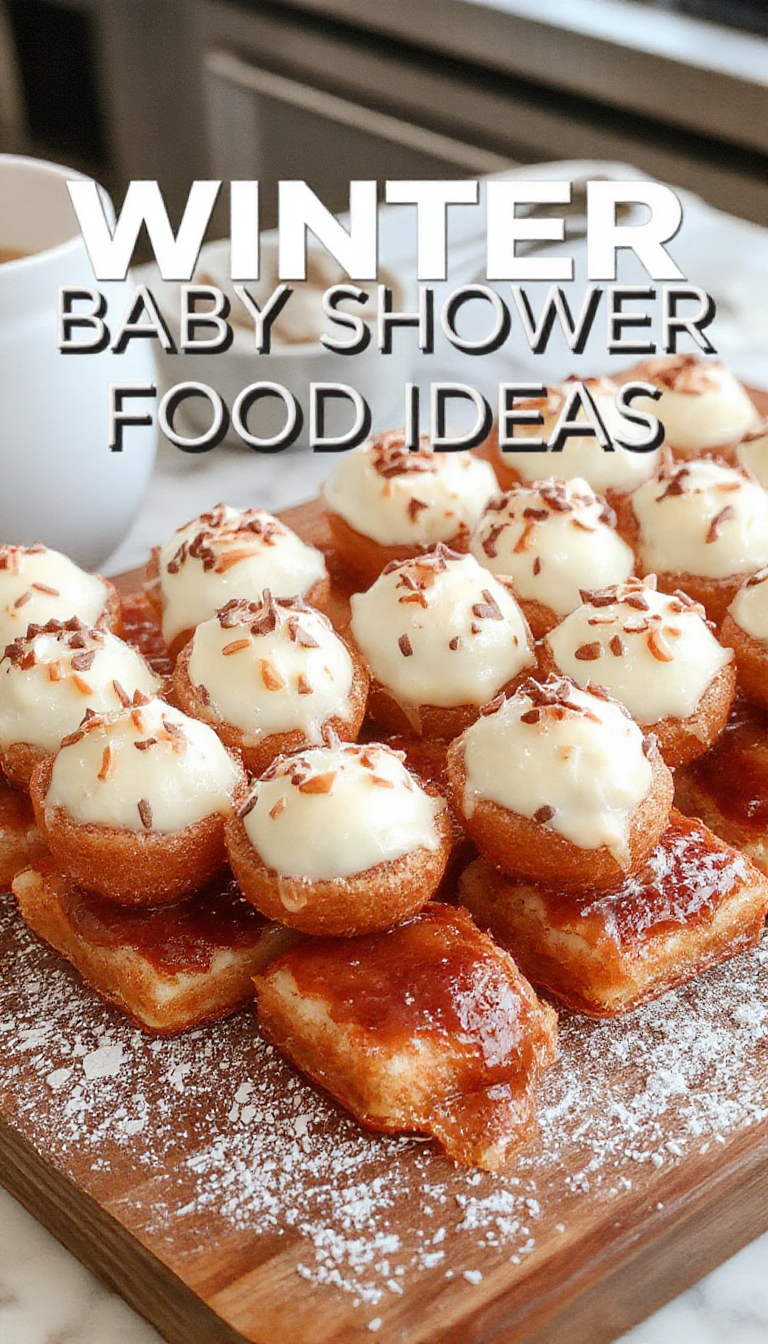 A beautifully arranged platter featuring 15 adorable and delicious winter-themed baby shower foods, including mini sandwiches, colorful treats, and festive snacks.