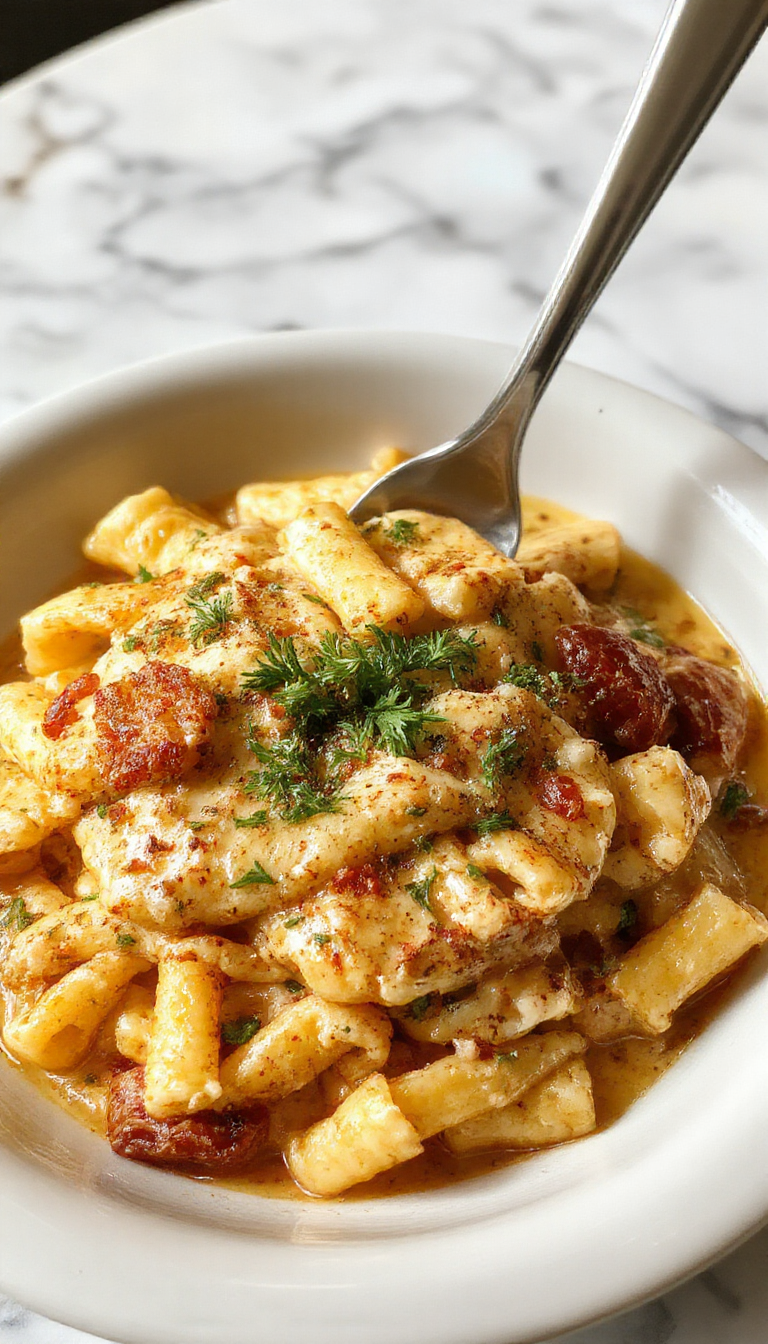 A bowl of creamy protein pasta topped with herbs, showing a fork lifting a generous bite, with steam rising from the dish.