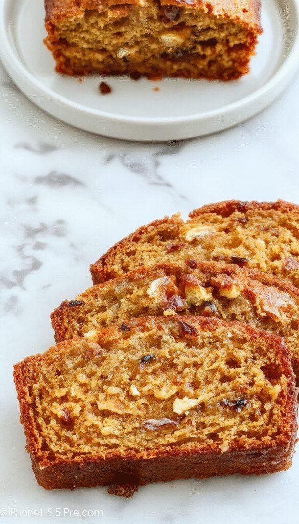 A freshly sliced, moist banana bread loaf garnished with walnut pieces on a rustic wooden table.