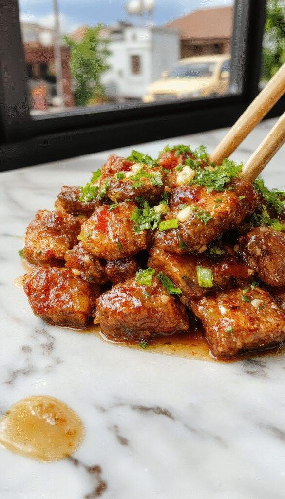 A delicious plate of Better Than Takeout Honey Garlic Beef featuring tender beef strips glazed with glossy honey garlic sauce, garnished with sesame seeds and chopped green onions.