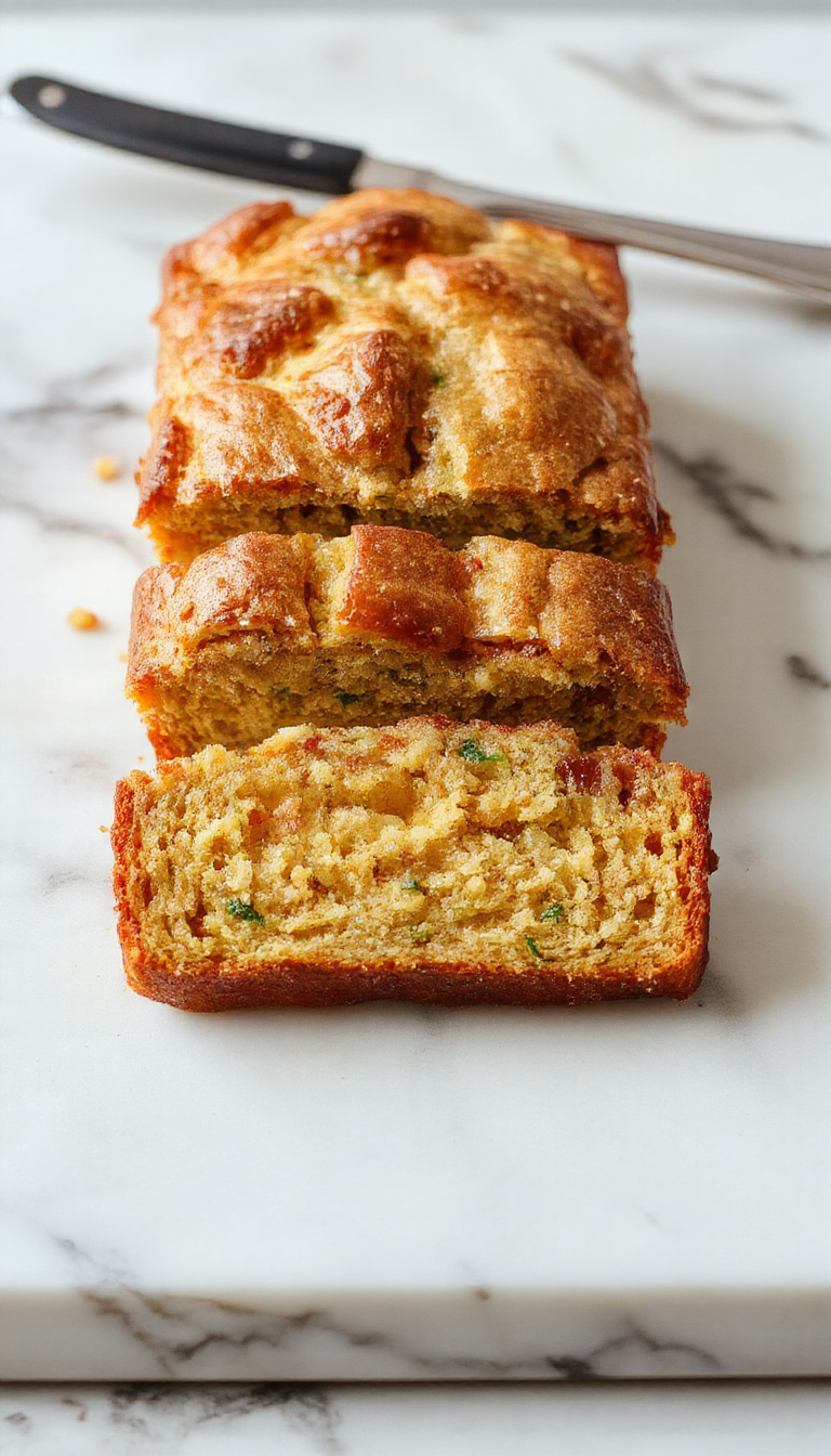 Golden slices of freshly baked homemade zucchini bread with a moist crumb and hints of cinnamon, garnished with a sprinkle of powdered sugar.