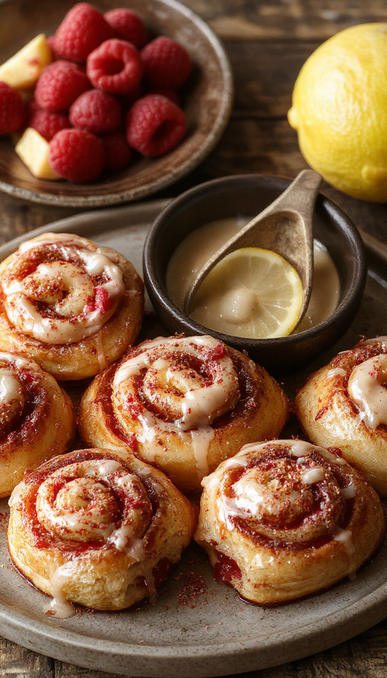A close-up of freshly baked cinnamon rolls topped with zesty lemon glaze, raspberries, and a drizzle of cinnamon sugar, showcasing their tempting layers.
