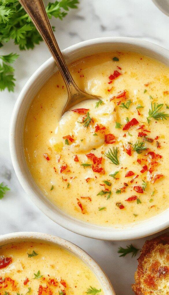 A bowl of Creamy Cheddar Garlic Herb Potato Soup garnished with fresh herbs and melted cheese, served alongside crusty bread.