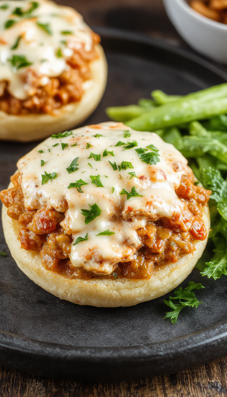 A plate of creamy chicken Alfredo Sloppy Joes served on toasted buns, garnished with parsley, with a side of crispy fries.
