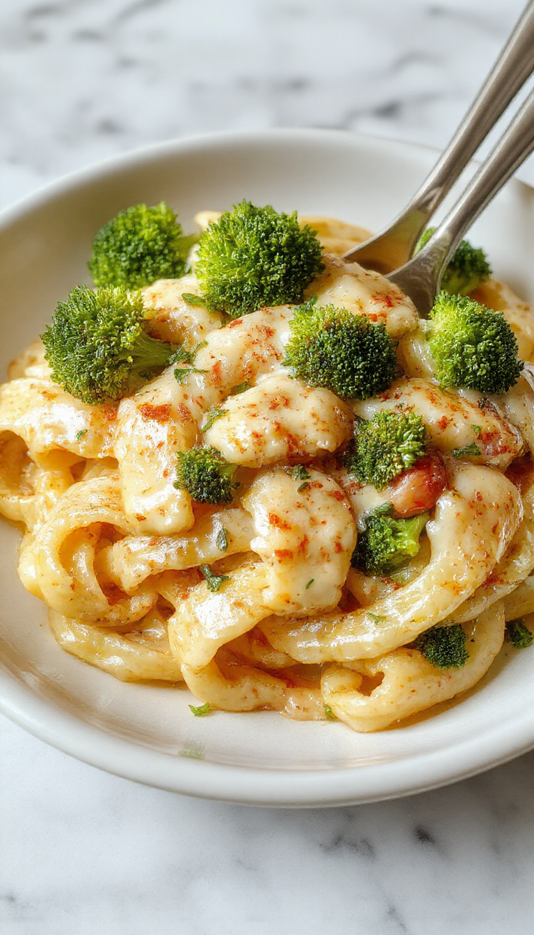 A plate of creamy garlic broccoli pasta topped with grated cheese and fresh herbs, showcasing vibrant green broccoli florets coated in a silky sauce.
