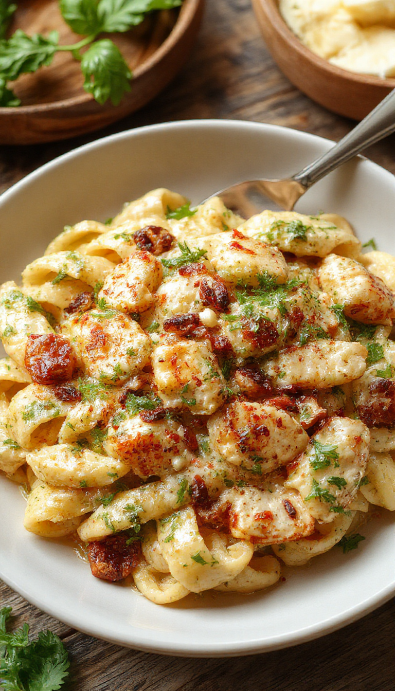 A bowl of creamy pesto chicken pasta garnished with fresh basil and cherry tomatoes, served on a wooden table.