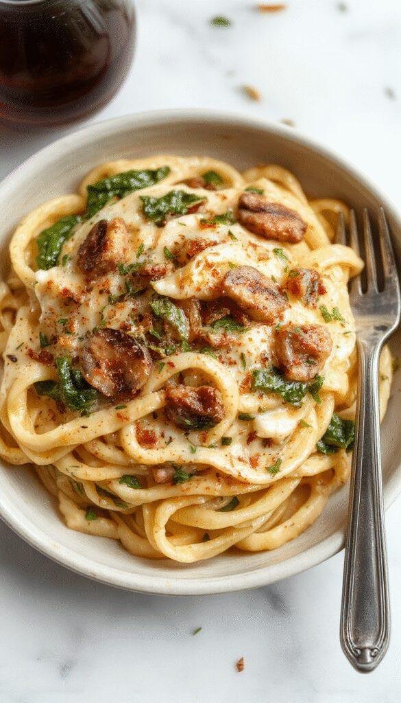 A bowl of creamy spinach and mushroom pasta garnished with parmesan and fresh herbs, showcasing a rich and flavorful Italian dish.
