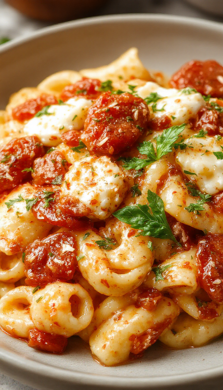 A plate of creamy tomato ricotta pasta topped with fresh basil, showcasing a rich and colorful dish on a rustic wooden table.