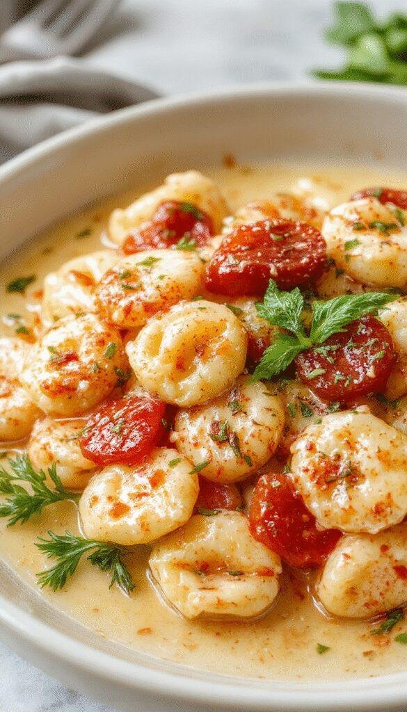 A bowl of creamy tomato tortellini garnished with fresh basil, served with a sprinkle of cheese on a rustic wooden table.