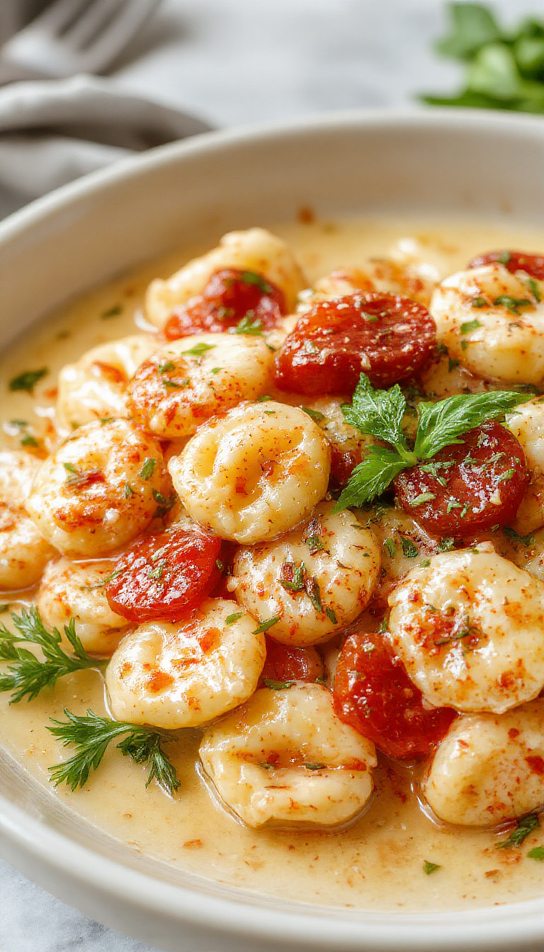 A bowl of creamy tomato tortellini garnished with fresh basil, served with a sprinkle of cheese on a rustic wooden table.