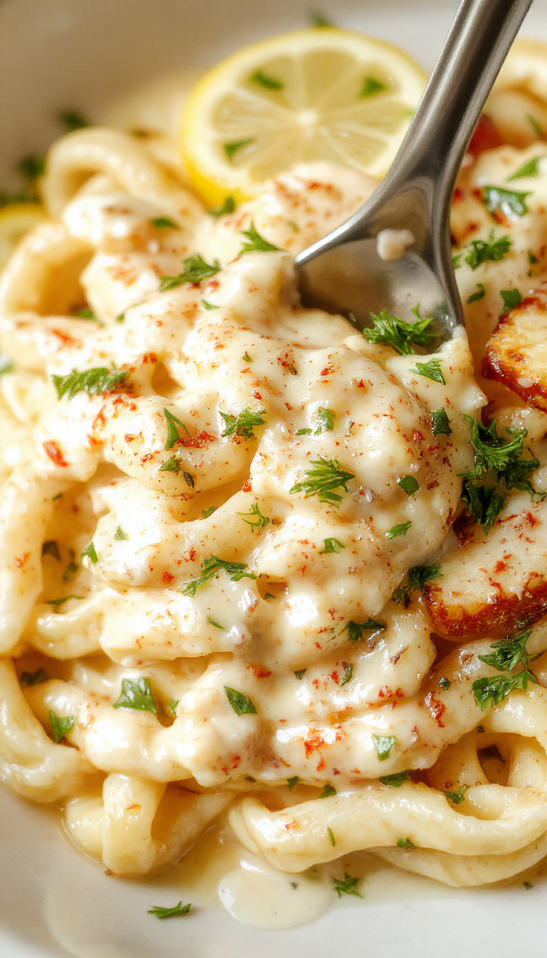 A plate of creamy lemon Alfredo pasta garnished with fresh herbs and lemon slices, showcasing smooth, rich sauce atop perfectly cooked pasta.