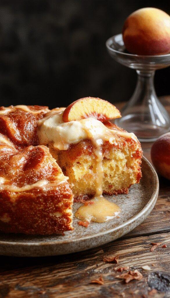 A slice of Delicious Brown Sugar Peach Cake on a plate, showcasing juicy peach slices and rich brown sugar glaze topped with whipped cream.