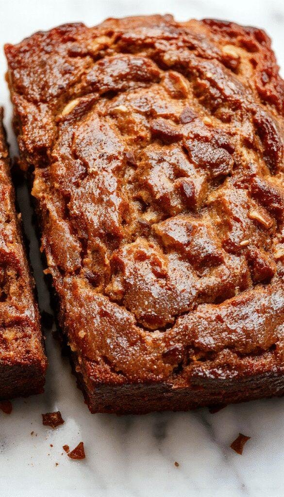 A slice of Deliciously Moist Protein Banana Bread on a wooden plate topped with banana slices and a sprinkle of nuts, with a fork beside it.