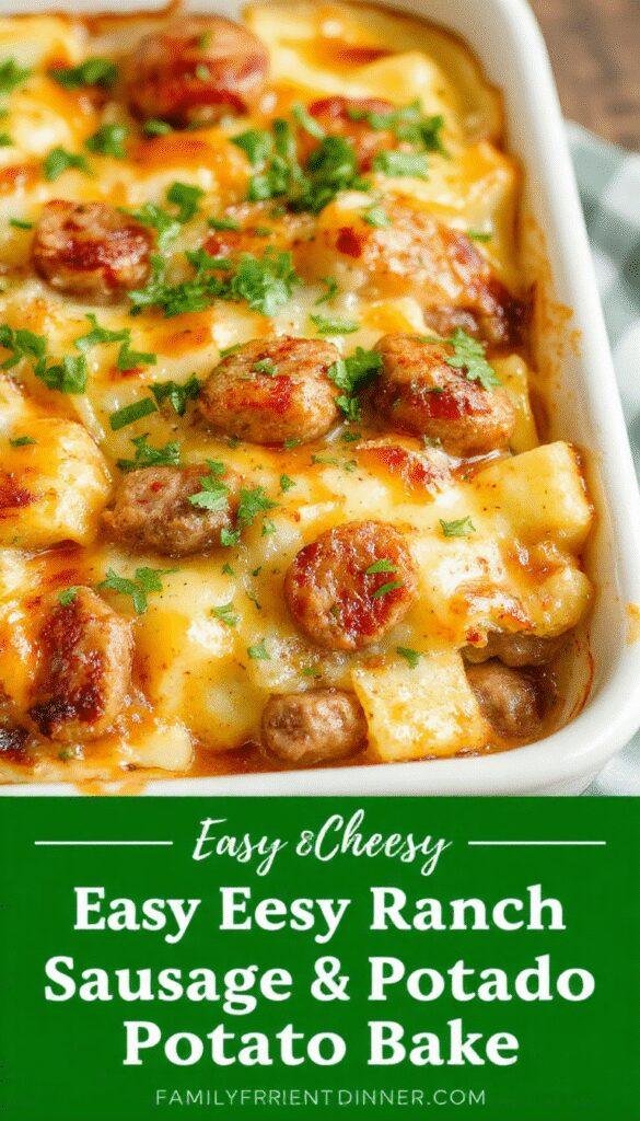A savory casserole dish featuring golden baked potatoes, sizzling sausages, melted cheese, and fresh herbs garnished on top.