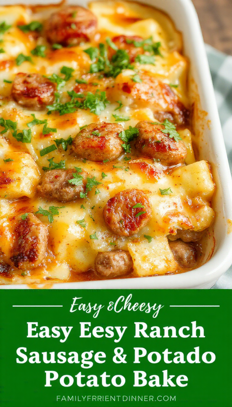 A savory casserole dish featuring golden baked potatoes, sizzling sausages, melted cheese, and fresh herbs garnished on top.