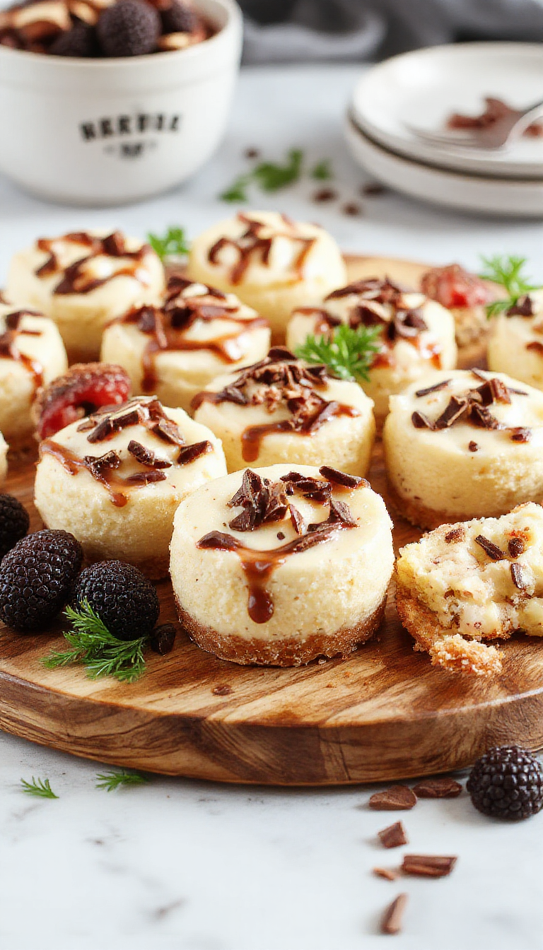 A colorful mini cheesecake platter featuring various small cheesecakes with toppings like berries, chocolate, and caramel, arranged on a decorative dessert board.