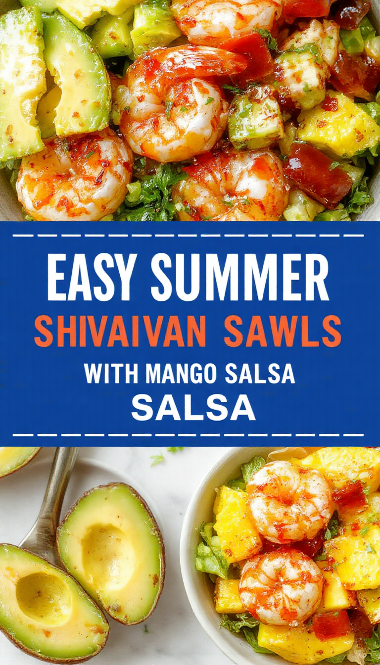 Colorful summer shrimp and avocado bowls topped with vibrant mango salsa, garnished with fresh herbs, showcasing a fresh, healthy meal.
