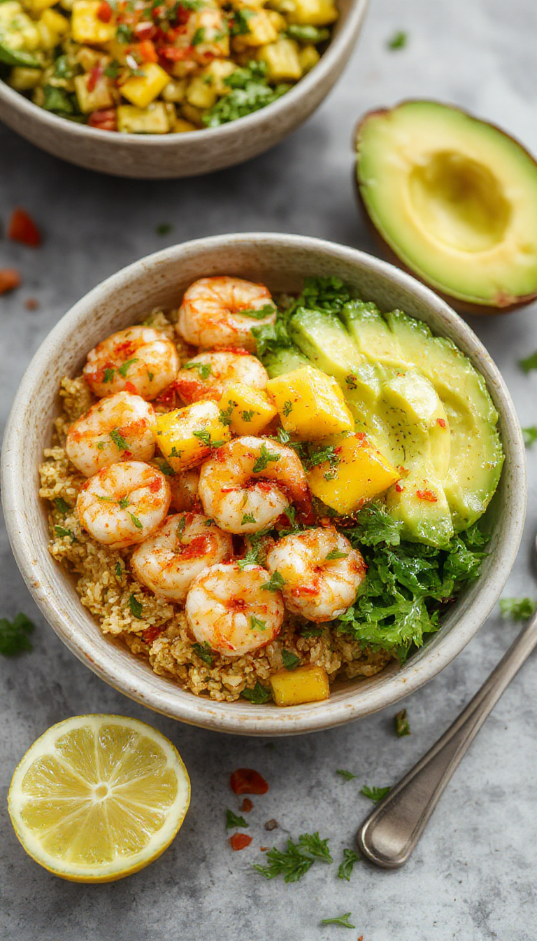 Colorful tropical shrimp and avocado bowls topped with fresh mango salsa, garnished with cilantro on a bright summer table.