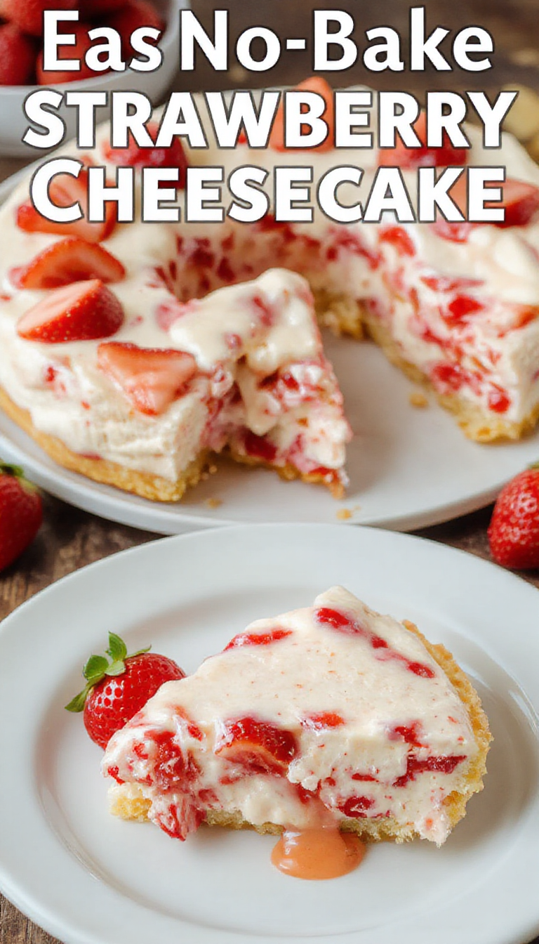 A vibrant no-bake strawberry cheesecake topped with fresh strawberries and a glossy glaze, presented on a white plate.