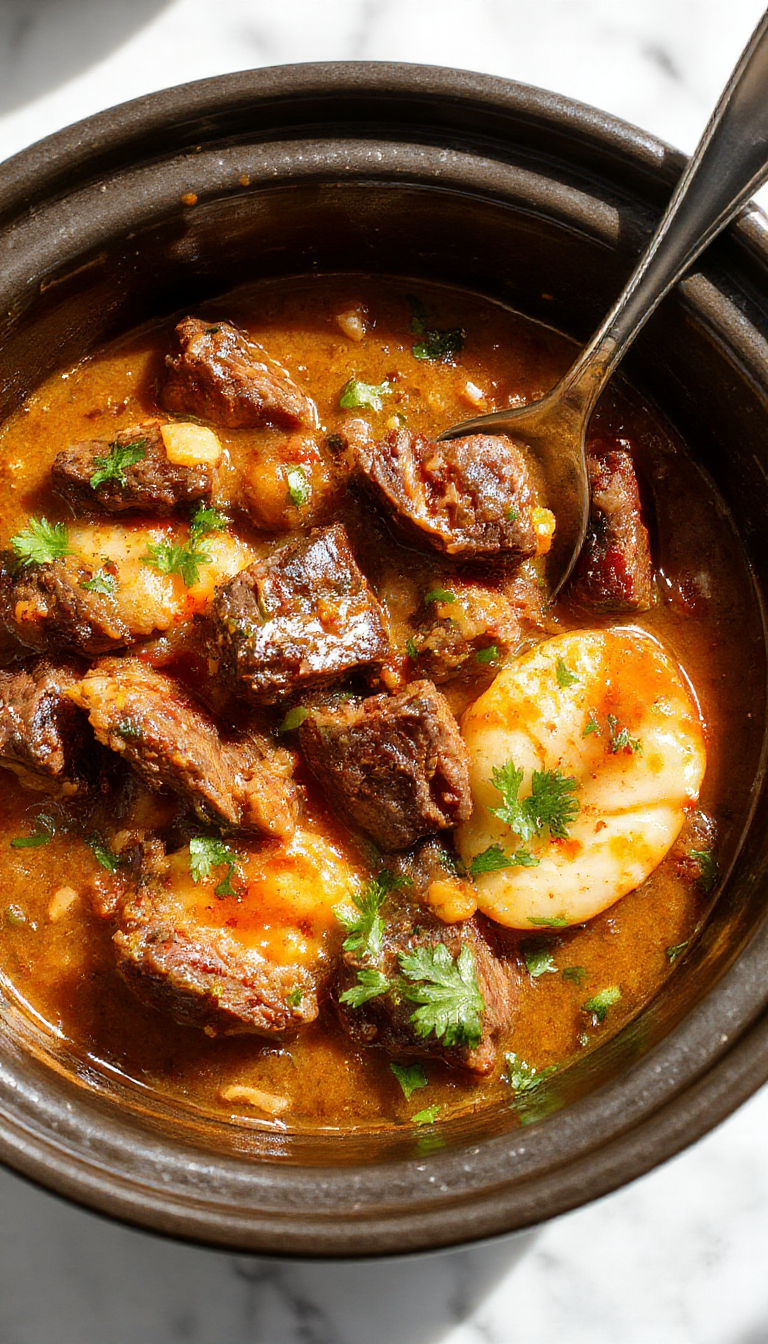 A vibrant bowl of Effortless Slow Cooker Beef Coconut Curry garnished with fresh herbs and served with rice, showcasing tender beef chunks in a creamy coconut sauce.