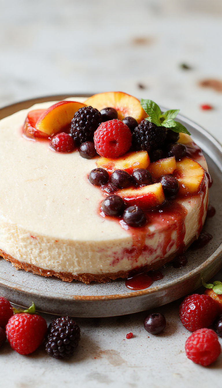 A no-bake summer berry and peach cheesecake topped with fresh berries and peach slices, Garnished with mint leaves on a white plate.
