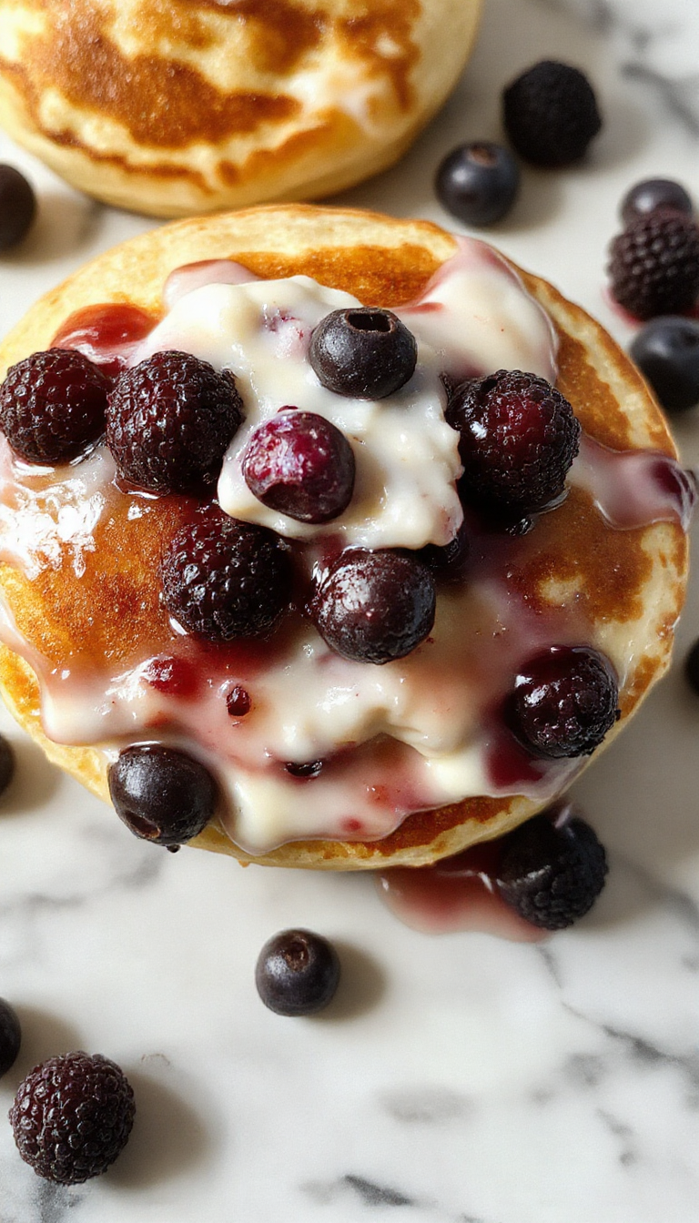 A stack of fluffy Greek yogurt and blueberry pancakes topped with fresh blueberries and drizzled with syrup.