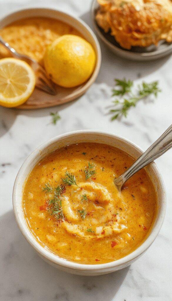 A steaming bowl of Golden Glow Lemon Lentil Soup garnished with fresh herbs, served alongside crusty bread on a rustic wooden table.