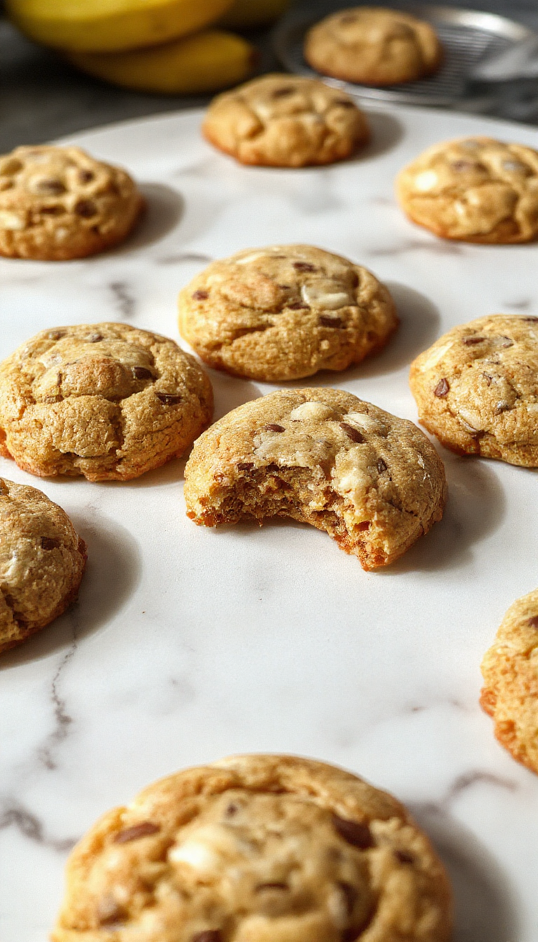 Warm, freshly baked healthy banana bread cookies on a plate with a glass of milk