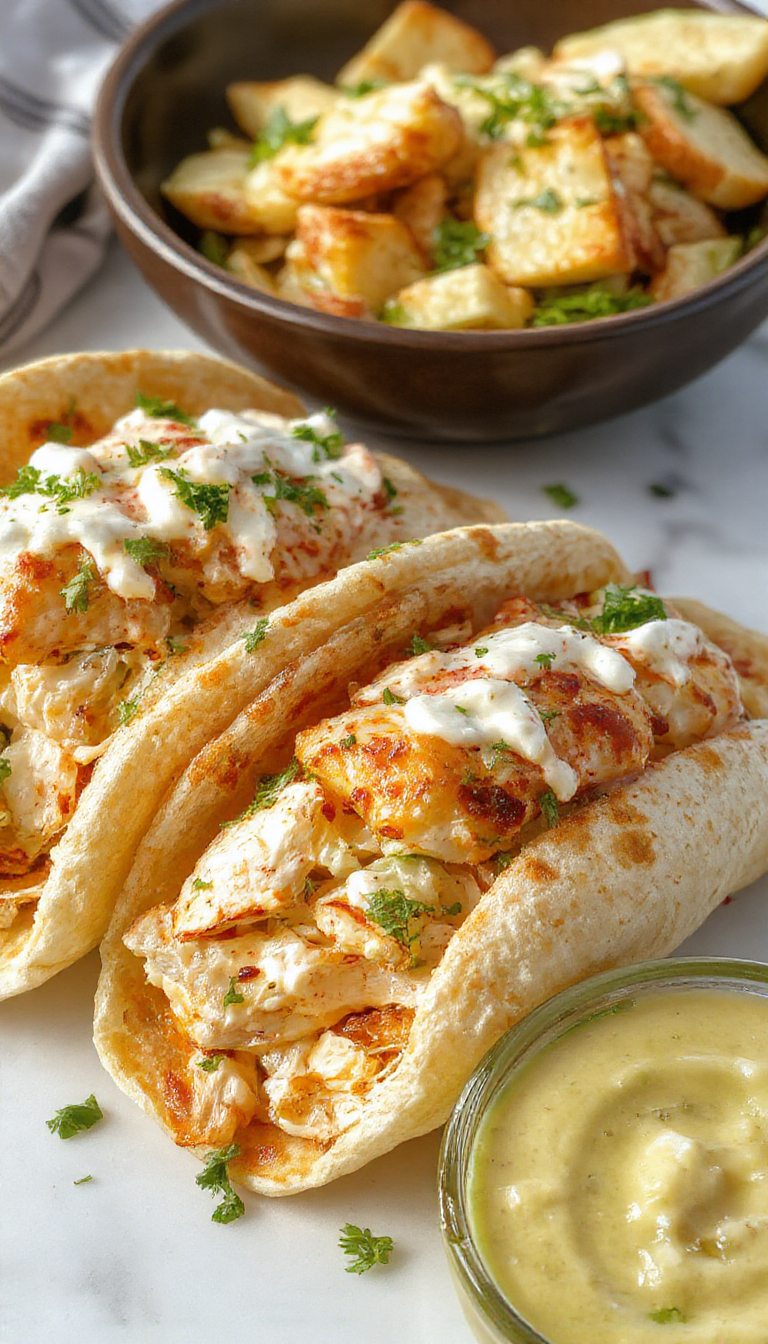 A plate of healthy Greek chicken pitas filled with grilled chicken, fresh vegetables, and creamy ranch slaw, garnished with herbs.