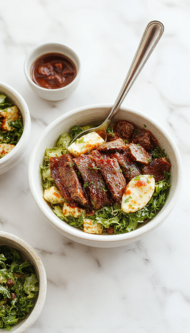 Colorful Healthy Mediterranean Beef Bowls featuring grilled beef, fresh vegetables, olives, and herbs in a vibrant bowl.