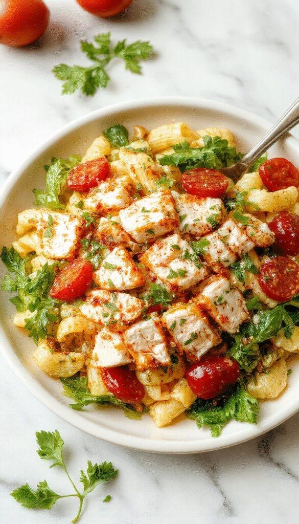 A vibrant bowl of Healthy Mediterranean Pasta Salad with grilled chicken, colorful vegetables, and fresh herbs garnished with olive oil and lemon slices.