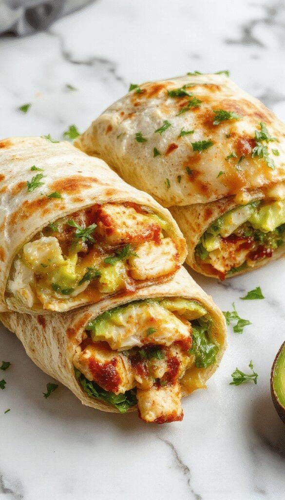 Fresh healthy turkey avocado wraps on a white plate garnished with lettuce and cherry tomatoes.