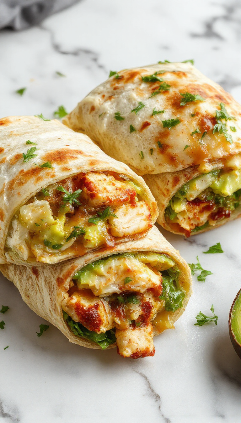 Fresh healthy turkey avocado wraps on a white plate garnished with lettuce and cherry tomatoes.