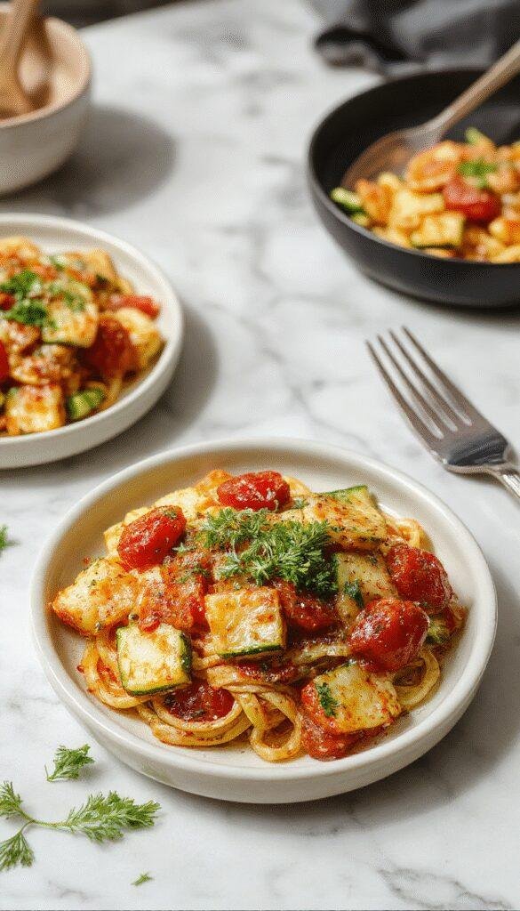 A vibrant plate of healthy zucchini tomato pasta garnished with fresh basil, showcasing colorful spiralized zucchini and ripe cherry tomatoes.