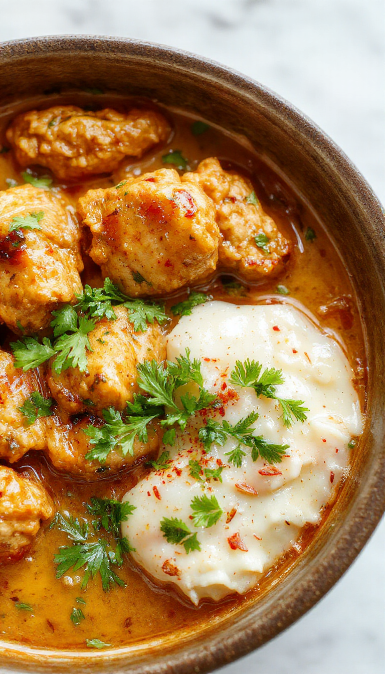 A plate of homemade butter chicken garnished with fresh cilantro, served with steamed rice and naan bread.