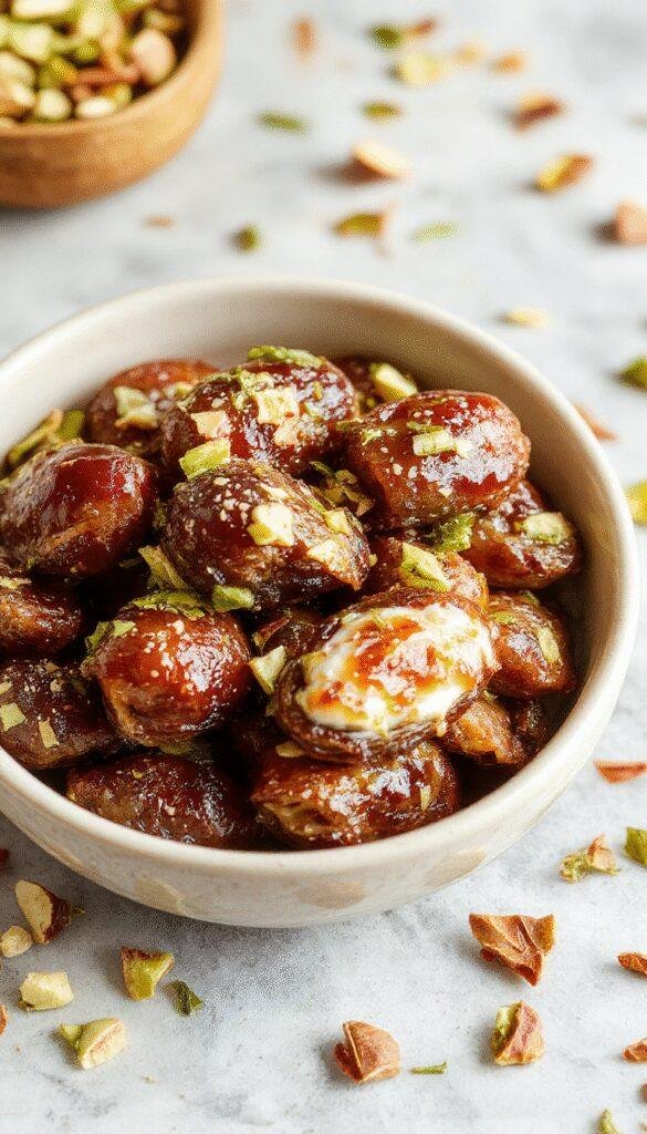 A close-up of honey drizzle over stuffed dates filled with creamy ricotta and topped with chopped pistachios, presented on a decorative plate.