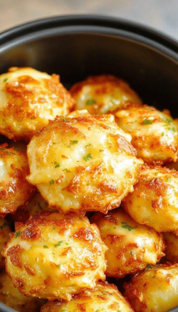 Golden, crispy air fryer cheesy potato puffs garnished with herbs on a rustic plate.