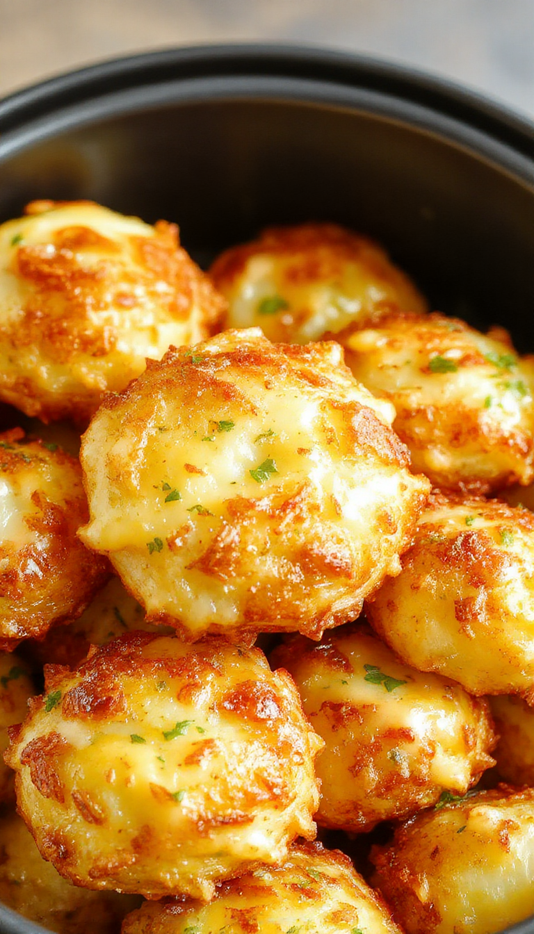 Golden, crispy air fryer cheesy potato puffs garnished with herbs on a rustic plate.