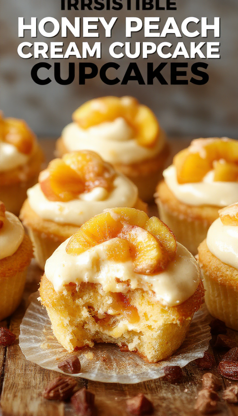 Delicious Honey Peach Cream Cheese Cupcakes topped with fresh peach slices and a drizzle of honey, set on a rustic wooden table.