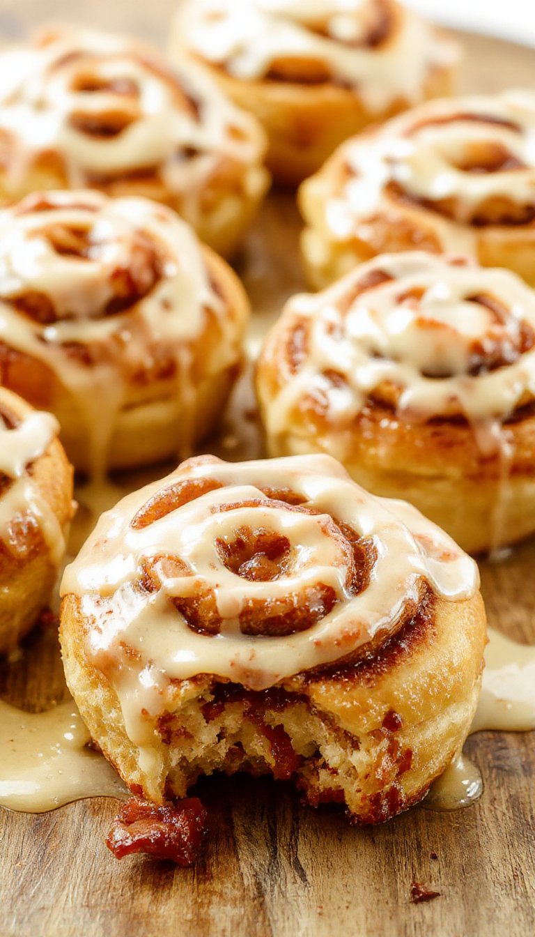 A close-up of warm maple bacon cinnamon rolls topped with icing, showcasing gooey cinnamon filling and crispy bacon pieces