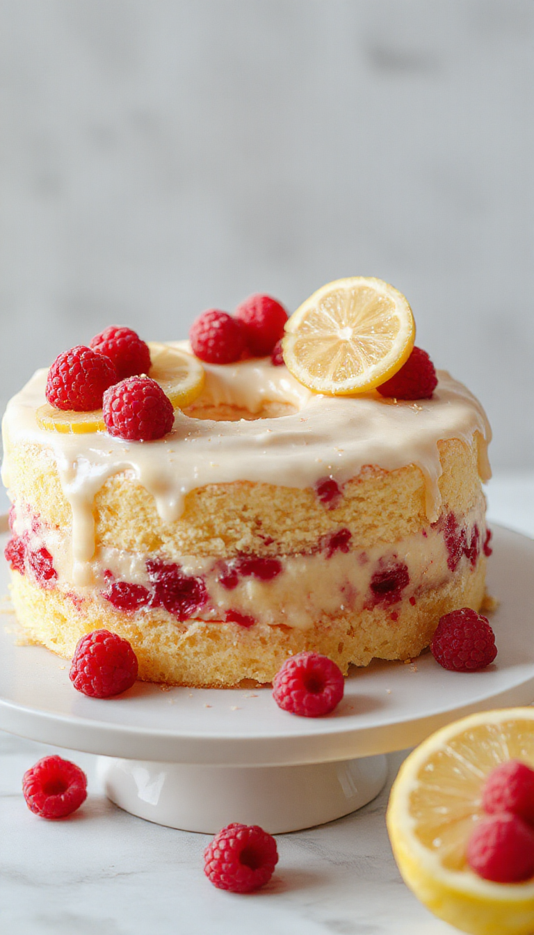 A vibrant Lemon Raspberry Cake with layers of lemon-flavored sponge, fresh raspberries, and zesty lemon frosting, decorated with lemon slices and raspberries on top.