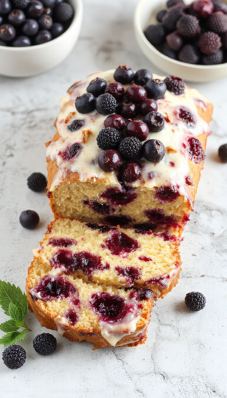 A sliced Lemon Blueberry Yogurt Loaf on a wooden board, garnished with fresh blueberries and lemon zest, showcasing its moist texture and vibrant colors.